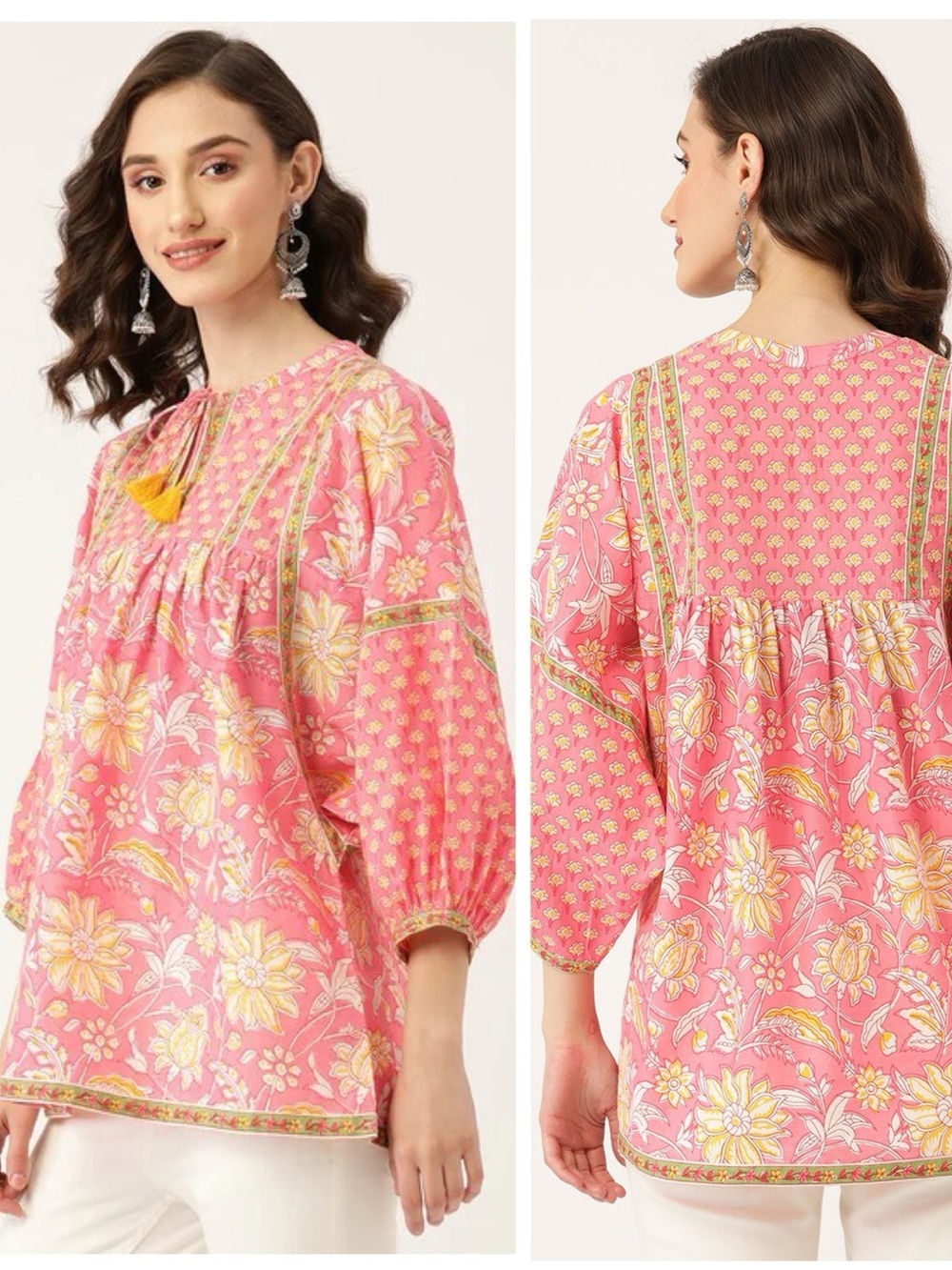 ES by Eswari bohemian cotton peasant top with batwing sleeve, babydoll style, L